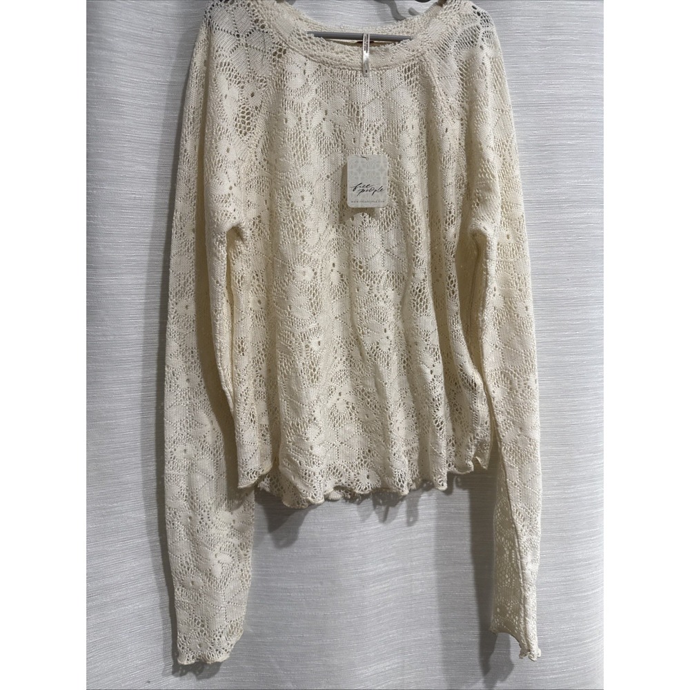 NWT FREE PEOPLE Off-White Sheer Floral Lace Top Long Sleeve Pullover Sz.S